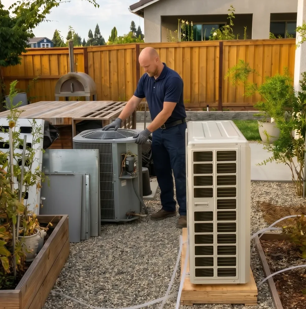 Elite Mechanical Systems technician performing HVAC maintenance at a Sacramento home