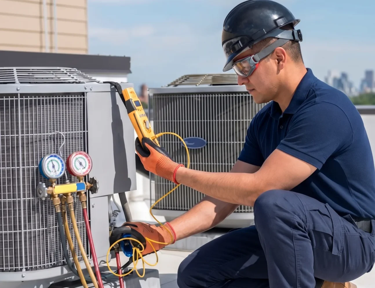 Elite Mechanical Systems technician diagnosing an AC unit with refrigerant gauges